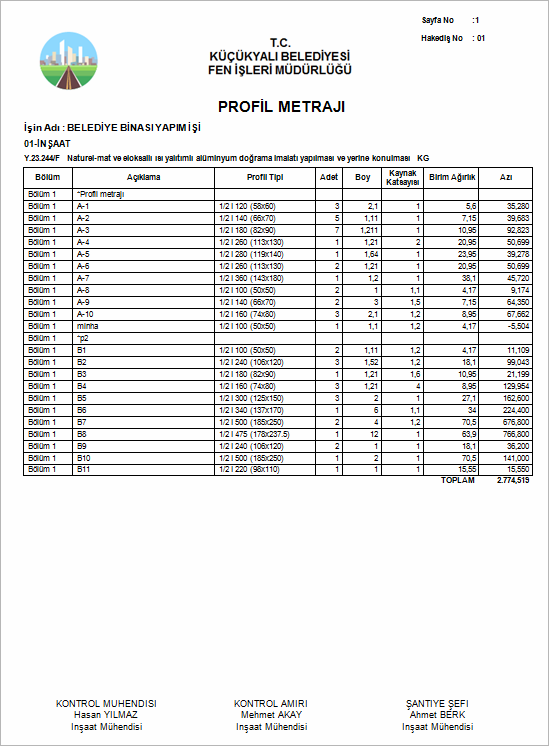 hakedis-profil-metraj-cetveli